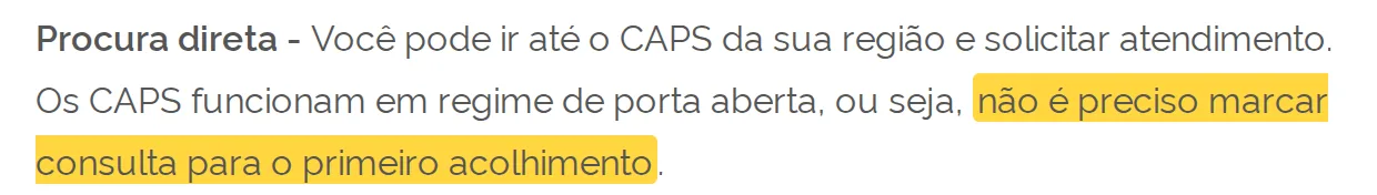 Trecho da página dos CAPS: não é preciso marcar consulta para o primeiro acolhimento