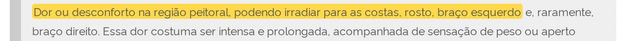 Trecho da página Infarto, do Ministério da Saúde, sobre os sinais da doença