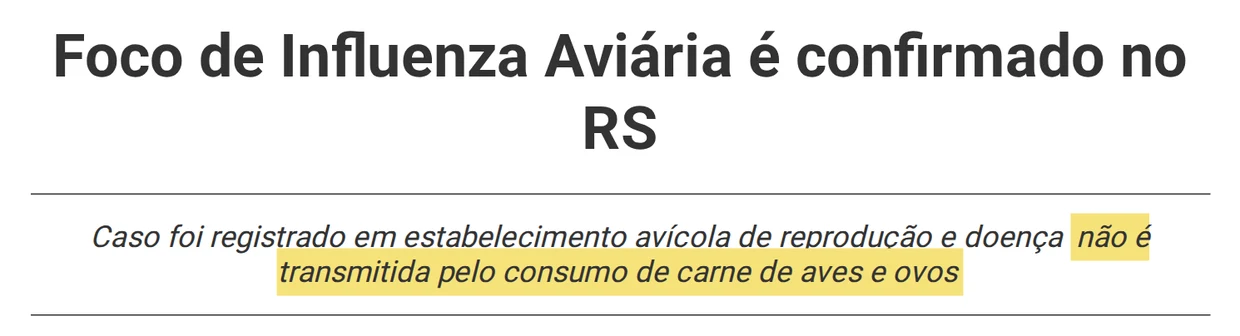 Página da Secretaria da Agricultura do RS: a doença não é transmitida pelo consumo de carne de aves e ovos