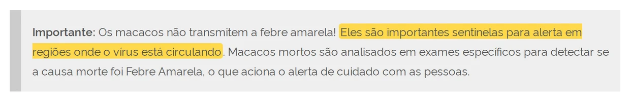 Trecho do Ministério da Saúde: os macacos não transmitem a febre amarela e são sentinelas