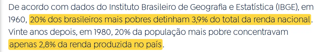 Trecho da Agência Brasil sobre a queda da fatia da renda dos 20% mais pobres