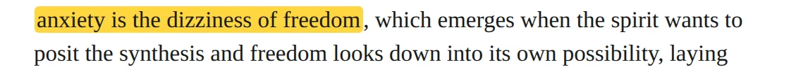 Trecho da Stanford Encyclopedia of Philosophy com a expressão anxiety is the dizziness of freedom